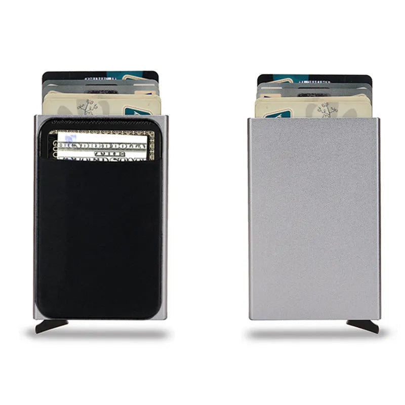 Slim aluminium metal credit card holder wallet with RFID blocking in a frost finish.