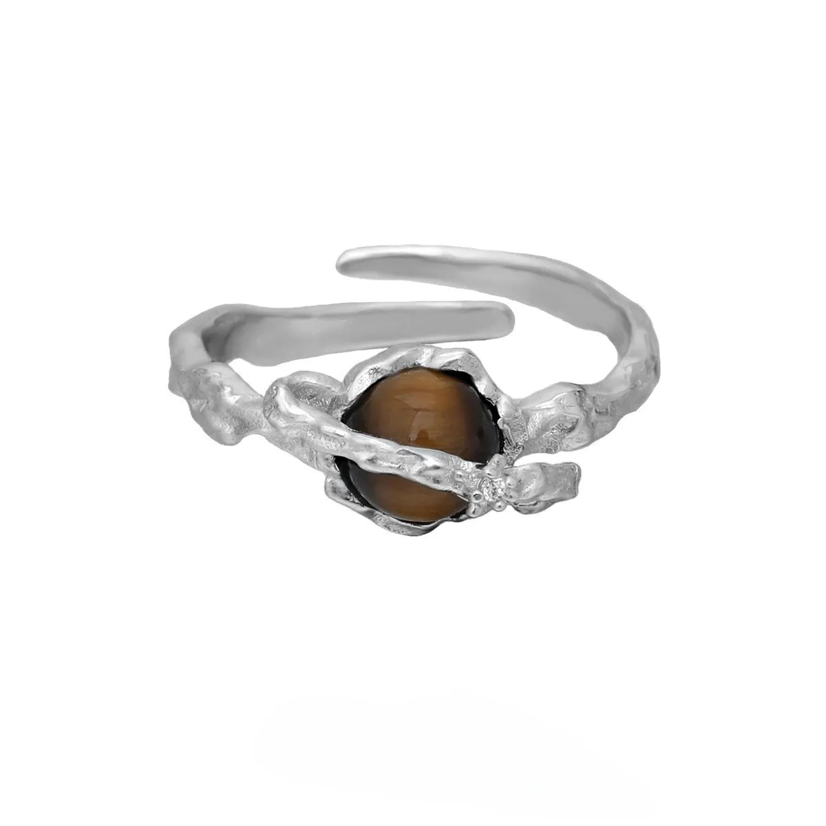 Women's adjustable Saturn Tigereye open ring in silver electroplated white gold colour.