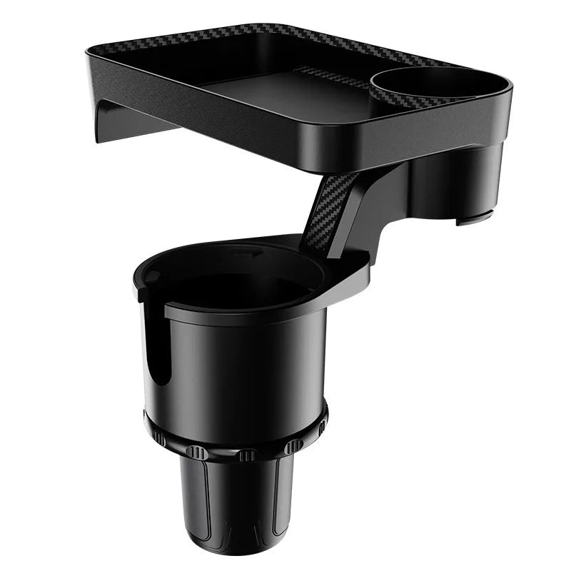 Black ABS plastic car-mounted rotating dinner tray holder installed in a vehicle cup holder.