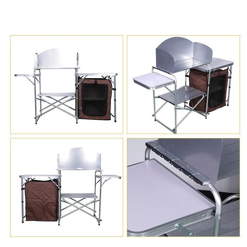 Outdoor camping double-decker storage rack mobile barbecue table folded out with aluminium frame and density board top in mobile kitchen colour