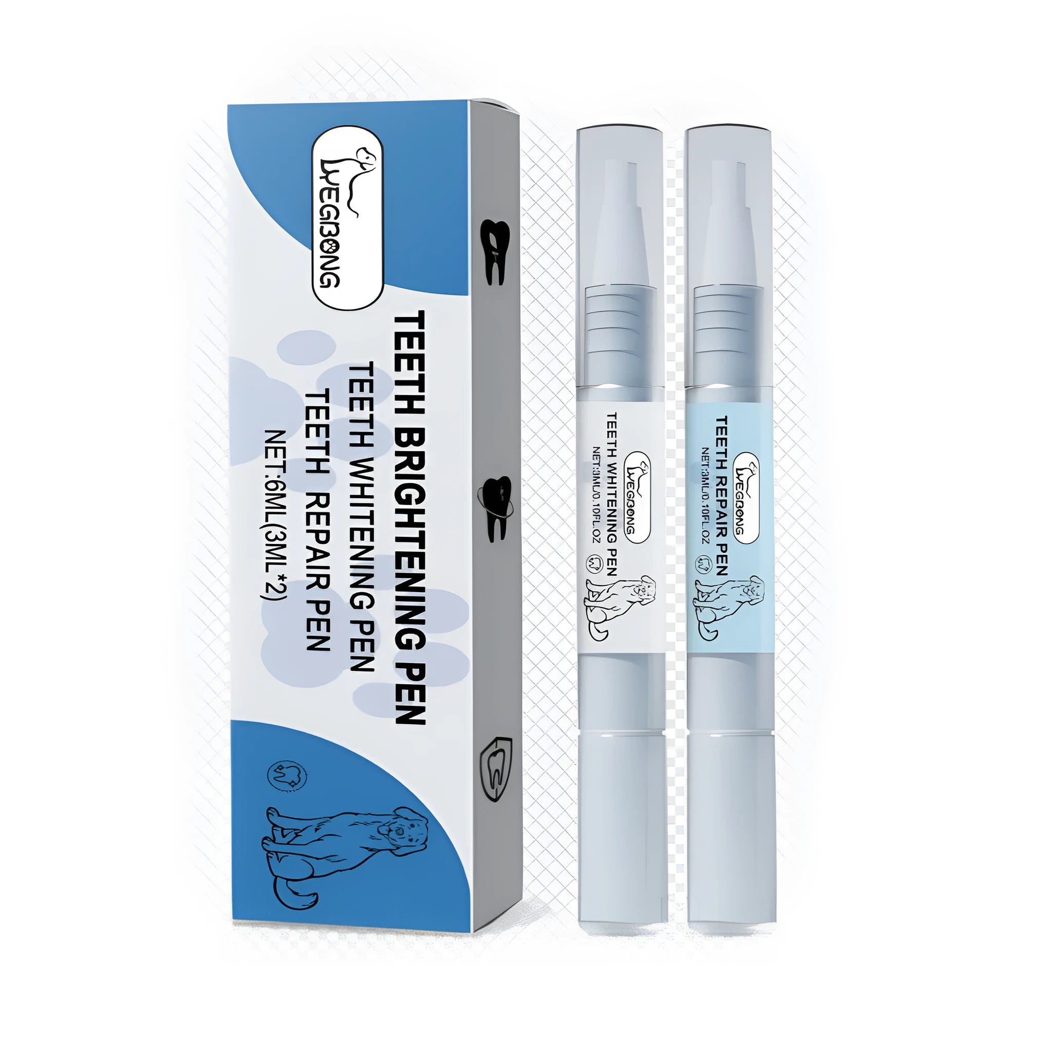 Pet teeth brightening pen set showing two 12.8cm pens for dental repair and whitening