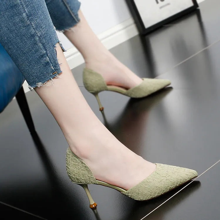 Women's black pointed-toe stiletto high heels with PU upper and rubber sole