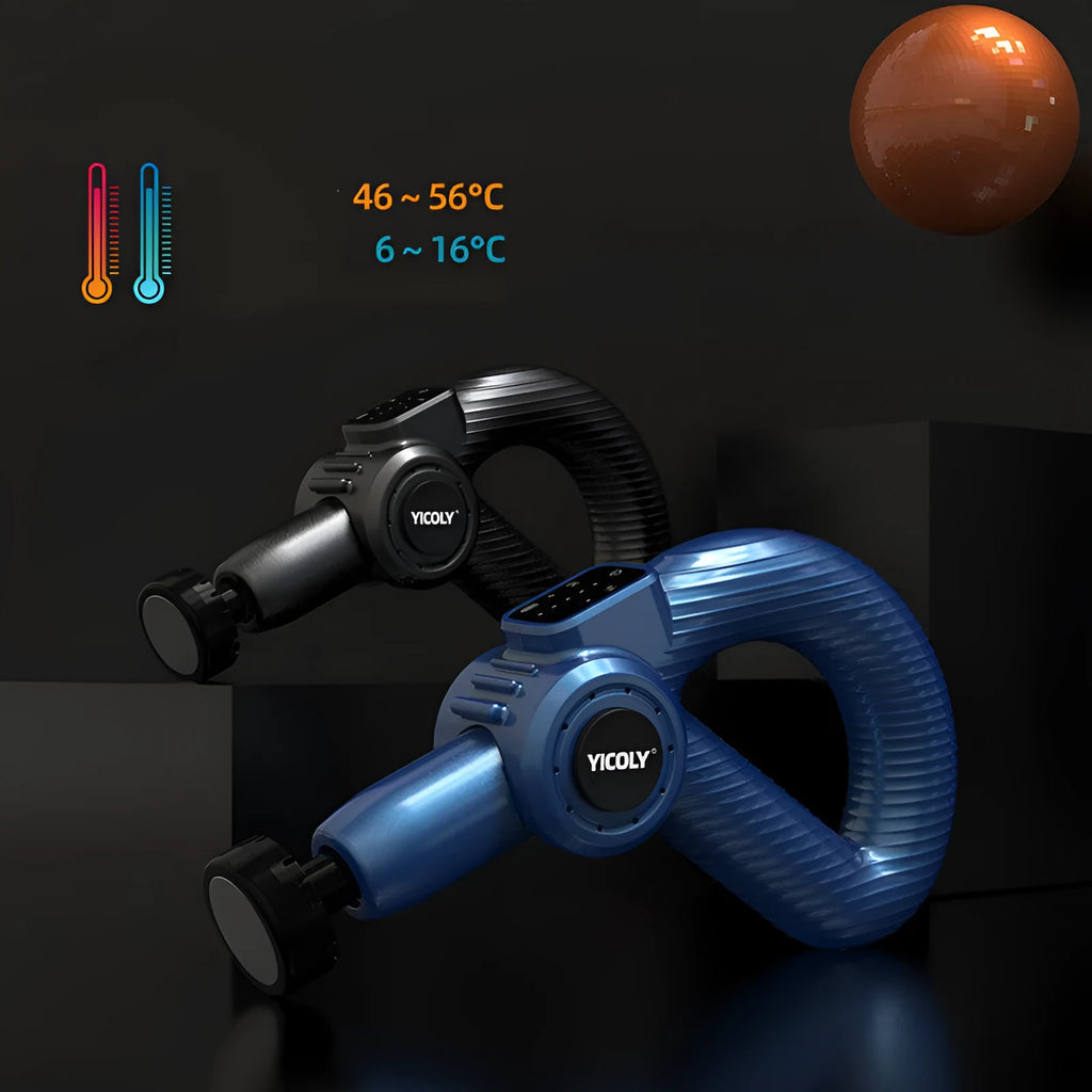 Black smart muscle massage gun with multiple attachment heads for hot and cold compress therapy