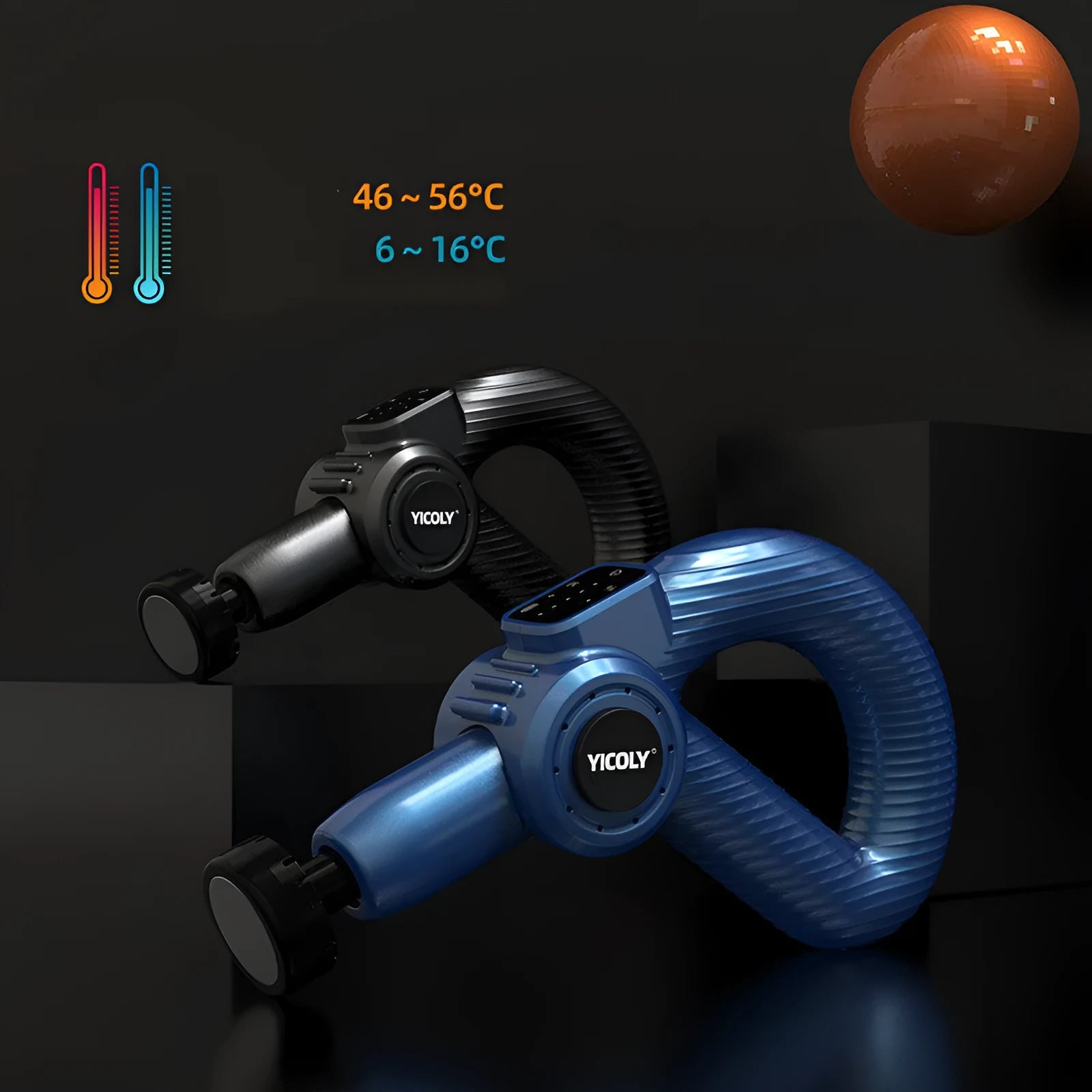 Black smart muscle massage gun with multiple attachment heads for hot and cold compress therapy