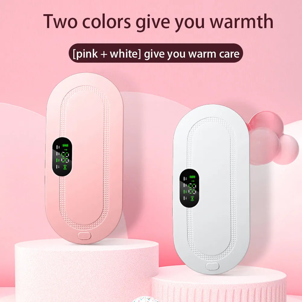 Pink electric menstrual heating pad with controller showing temperature display and vibration settings