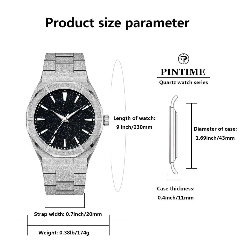 Business men's watch with frosted stainless steel case and luminous hands in silver, gold, and black colour options