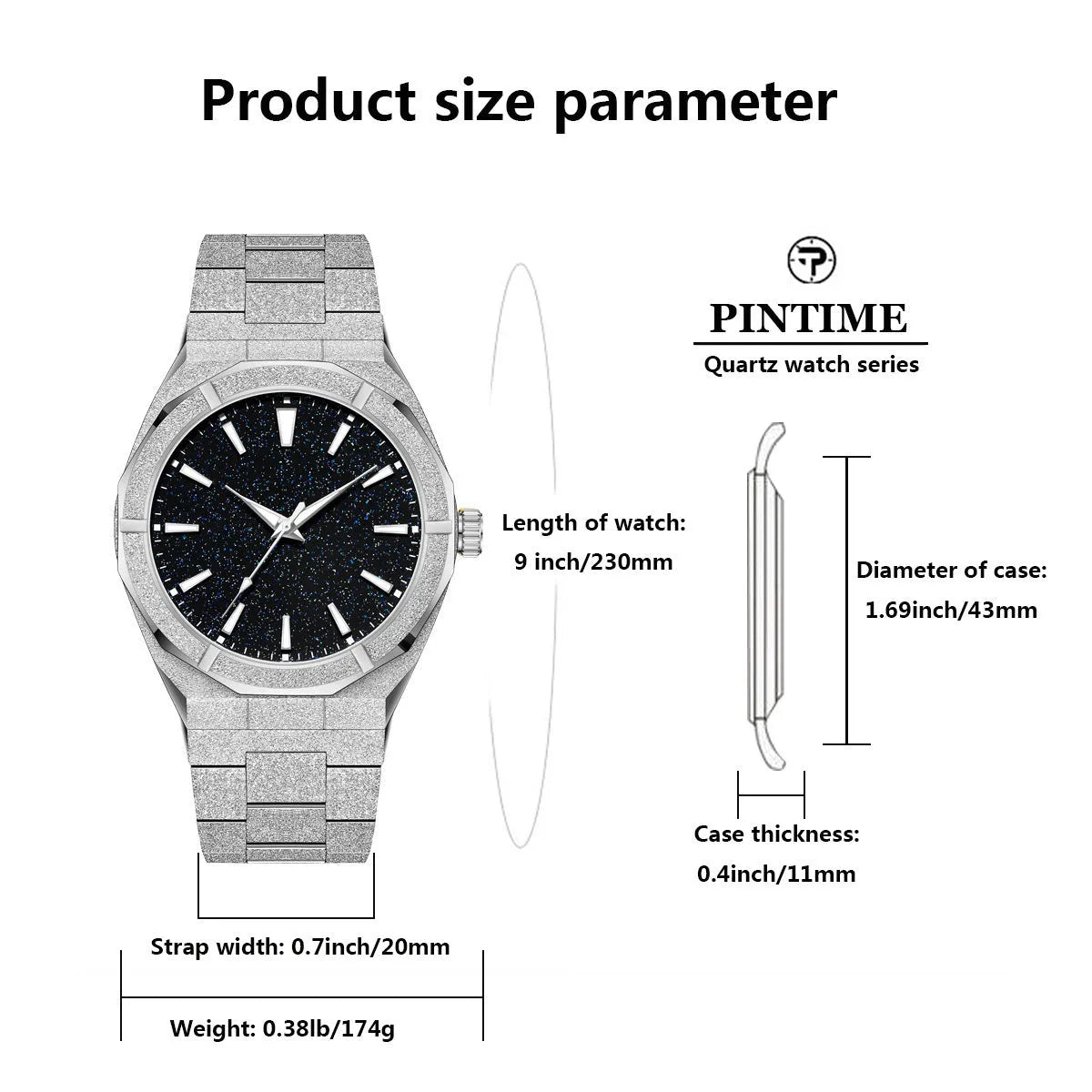 Business men's watch with frosted stainless steel case and luminous hands in silver, gold, and black colour options
