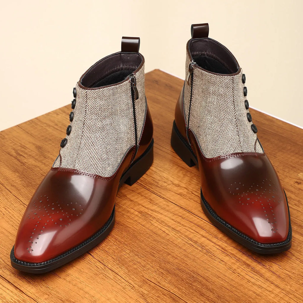Men's brown retro business shoes with side zipper and square toe on rubber sole