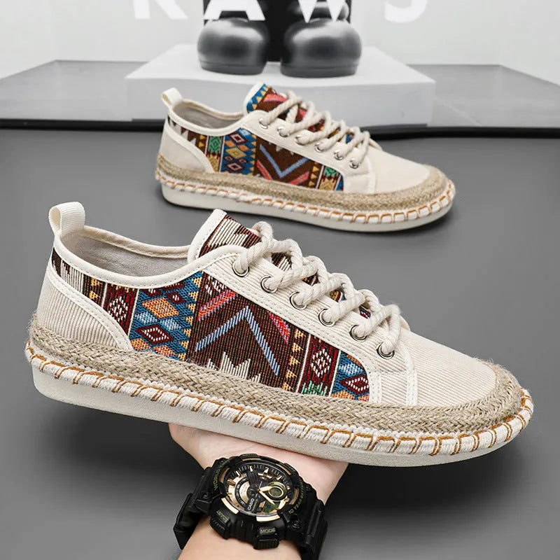 Men's casual summer shoes with cloth upper in black or beige colour, round toe design