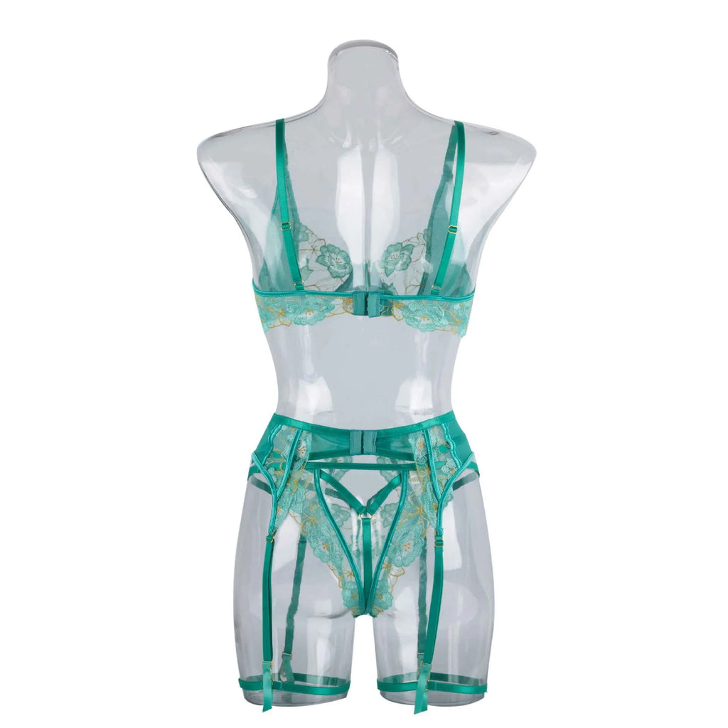 Light green women's fashion bra set with embroidery detailing and three-point tights fit design