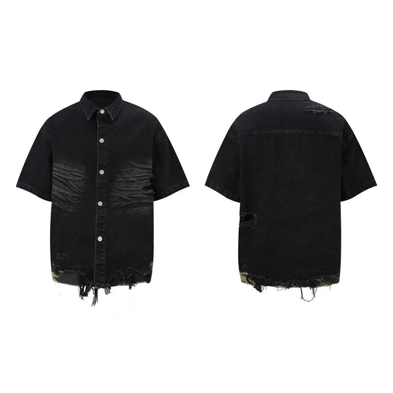 Leopard print denim short sleeve jacket and matching shorts with cut edge stitching detail