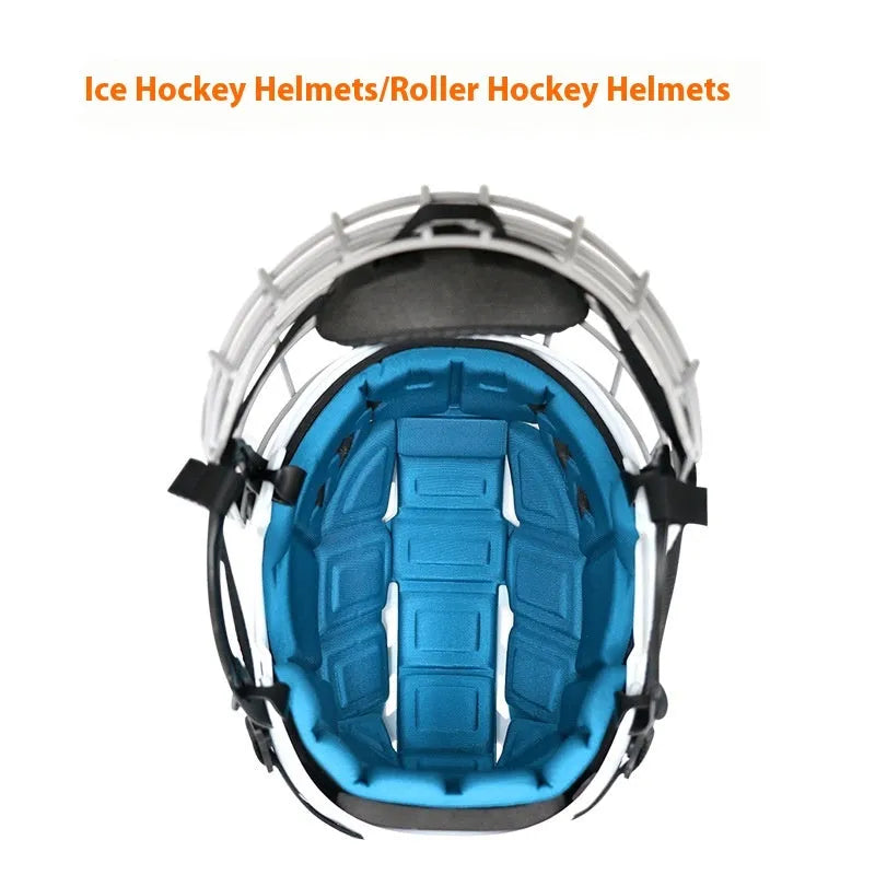 Ice hockey helmet with carbon steel face mask, shown in size L with a black PP shell and grey lining.