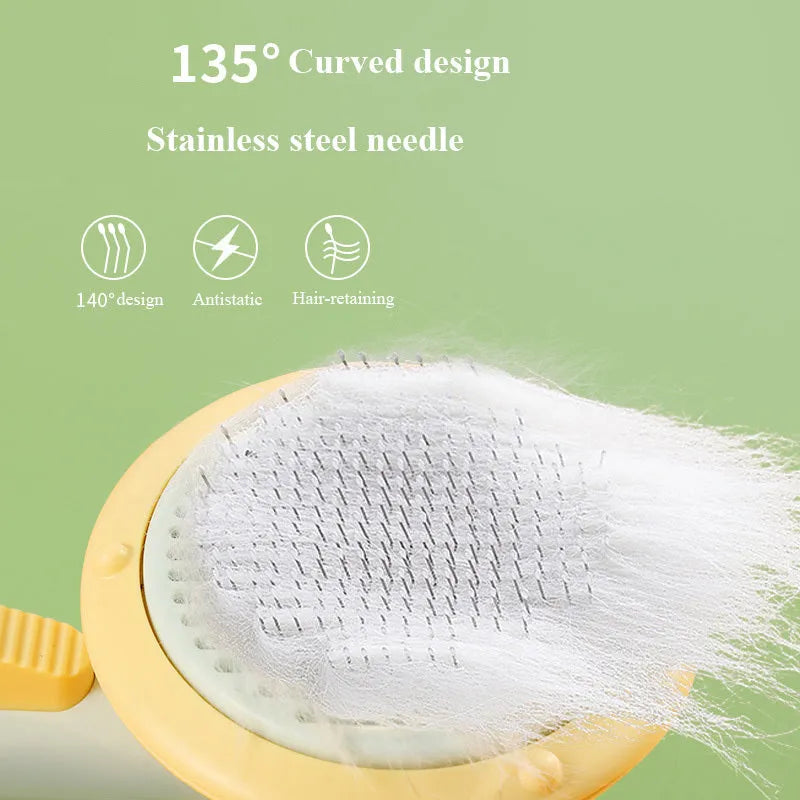 Hand holding a white and pumpkin coloured pet grooming brush with many stainless steel needles.