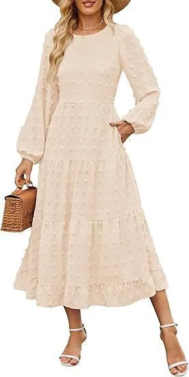 Women's long sleeve high waist dress with ruffled sleeves in a solid colour.