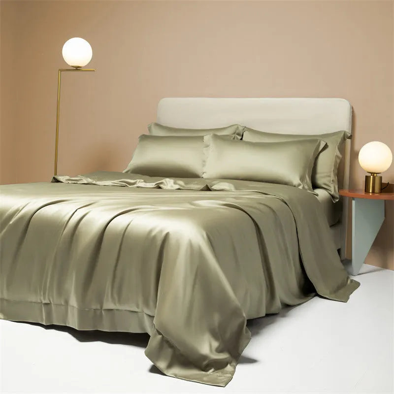 200 thread count Lenzing Tencel quilt cover and sheet set in Aurora Blue, laid on a bed.