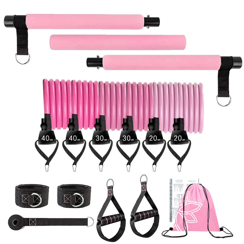 Set of 11 pink, purple, and black TPE fitness rope stretch sticks for resistance training.