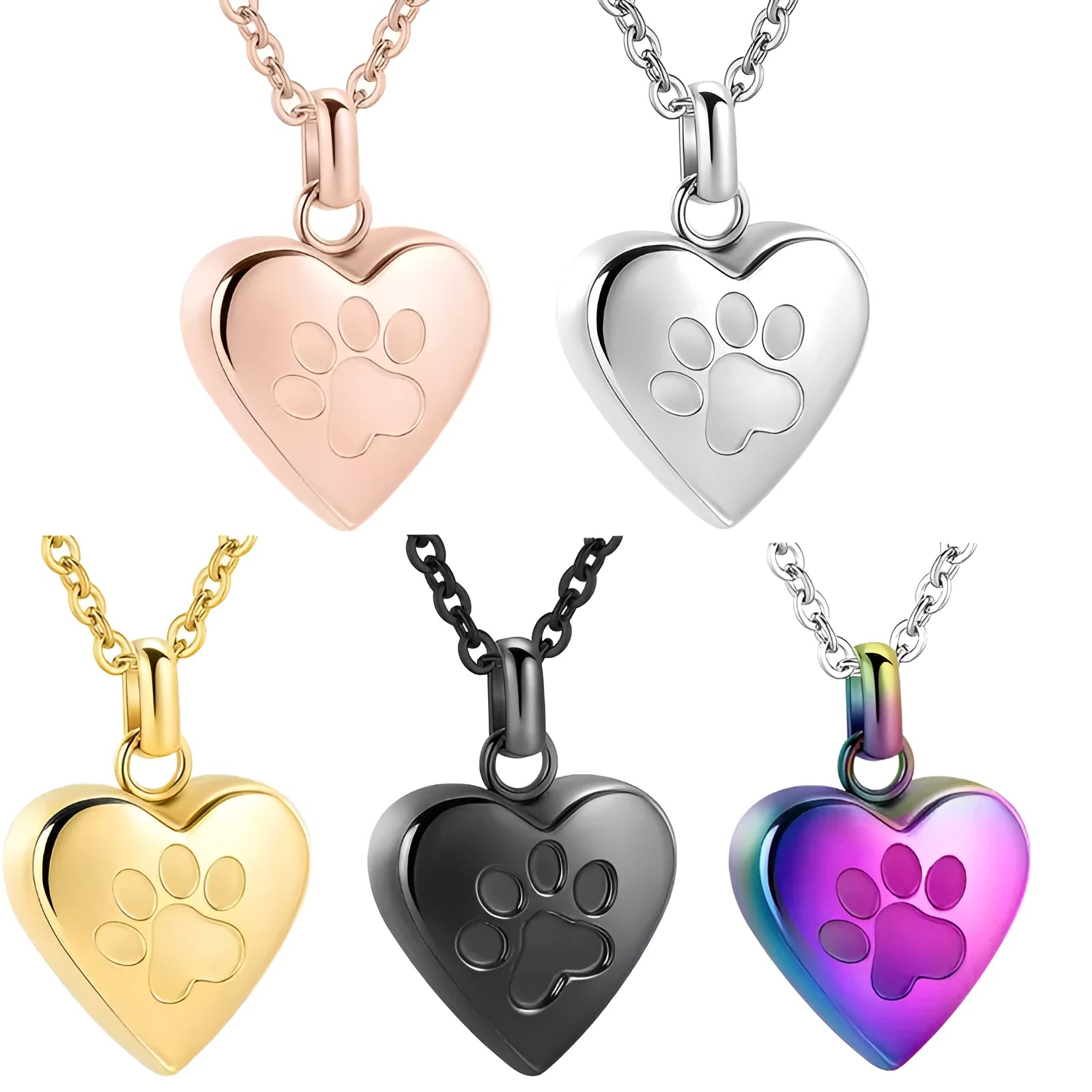 Titanium steel heart pendant necklace with paw print engraving, shown in silver finish.