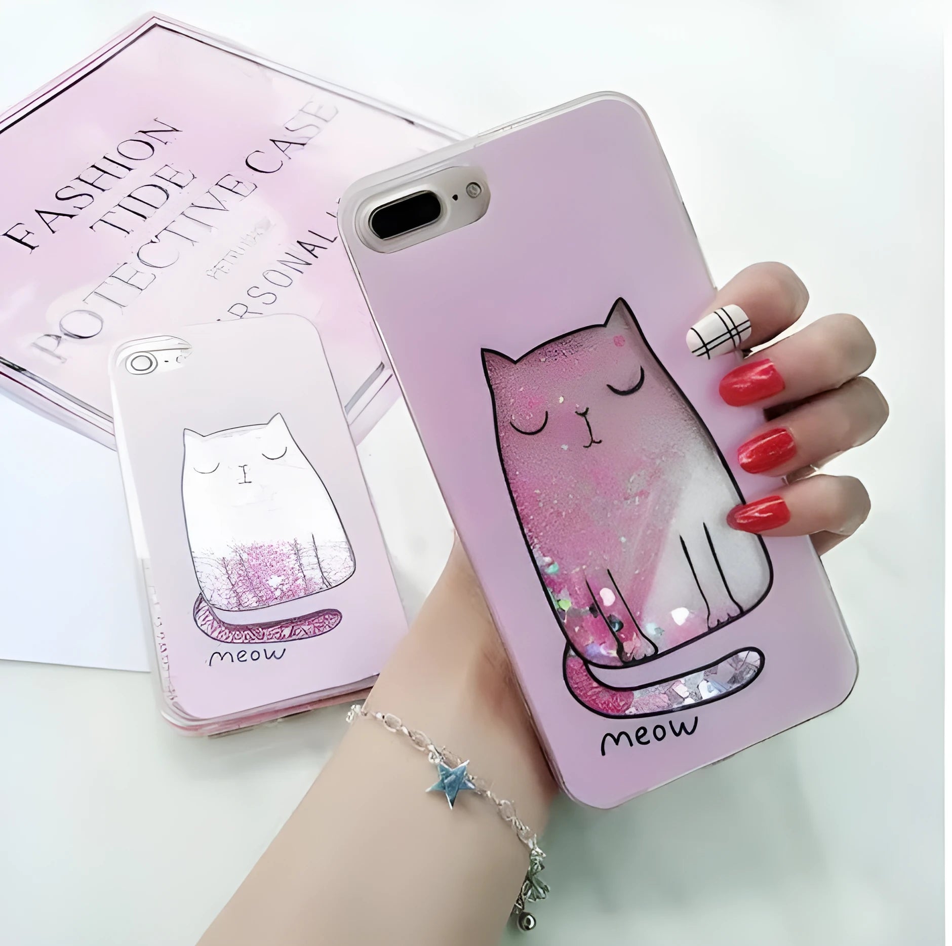 Glitter cat design phone case for iPhone models 6 through X with bright colours