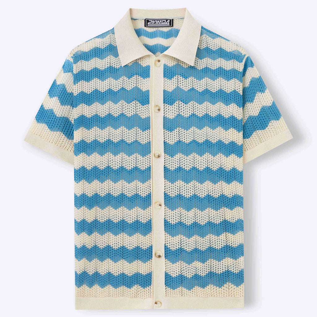 Men's blue short sleeve corrugated sweater with jacquard flocked texture on a hanger.