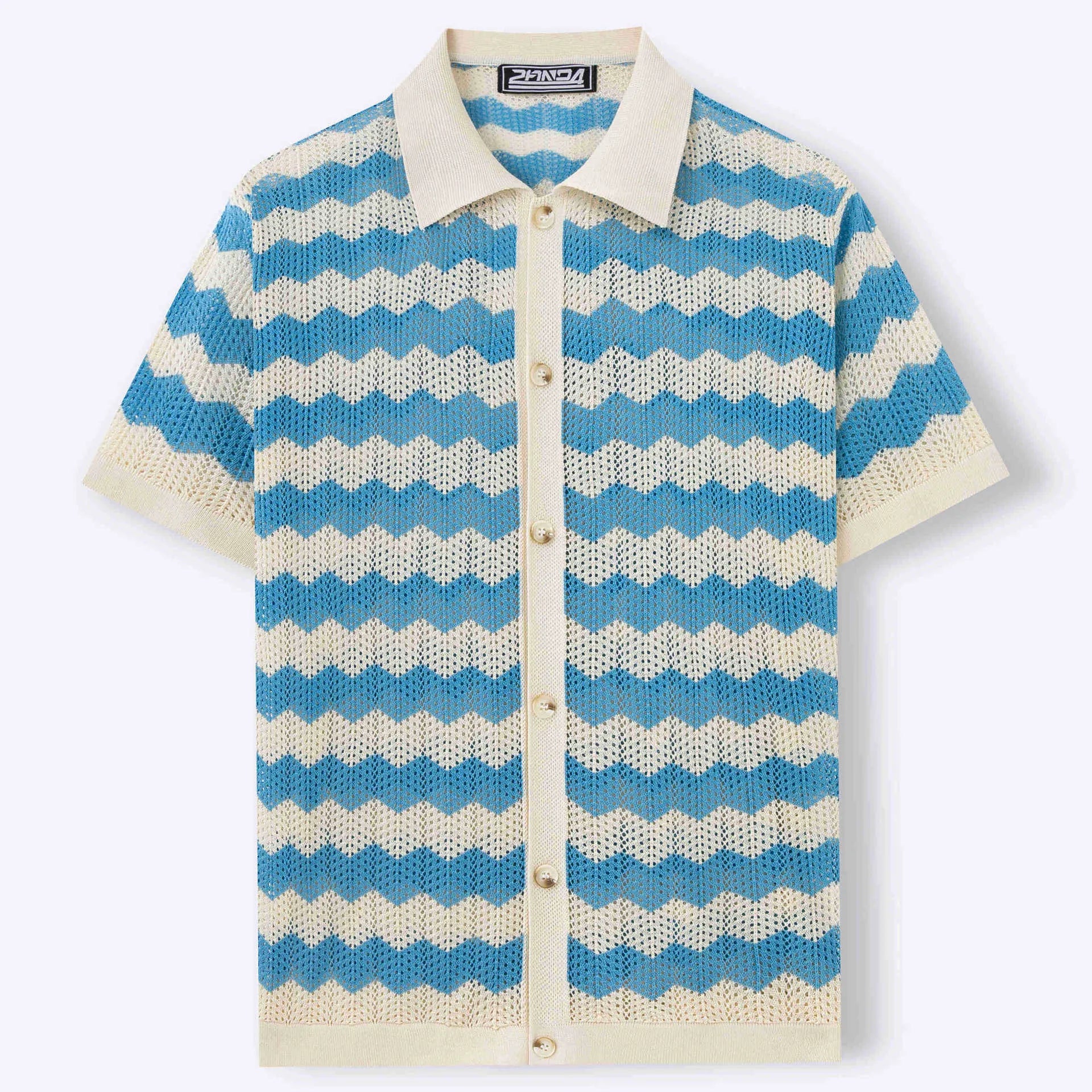 Men's blue short sleeve corrugated sweater with jacquard flocked texture on a hanger.