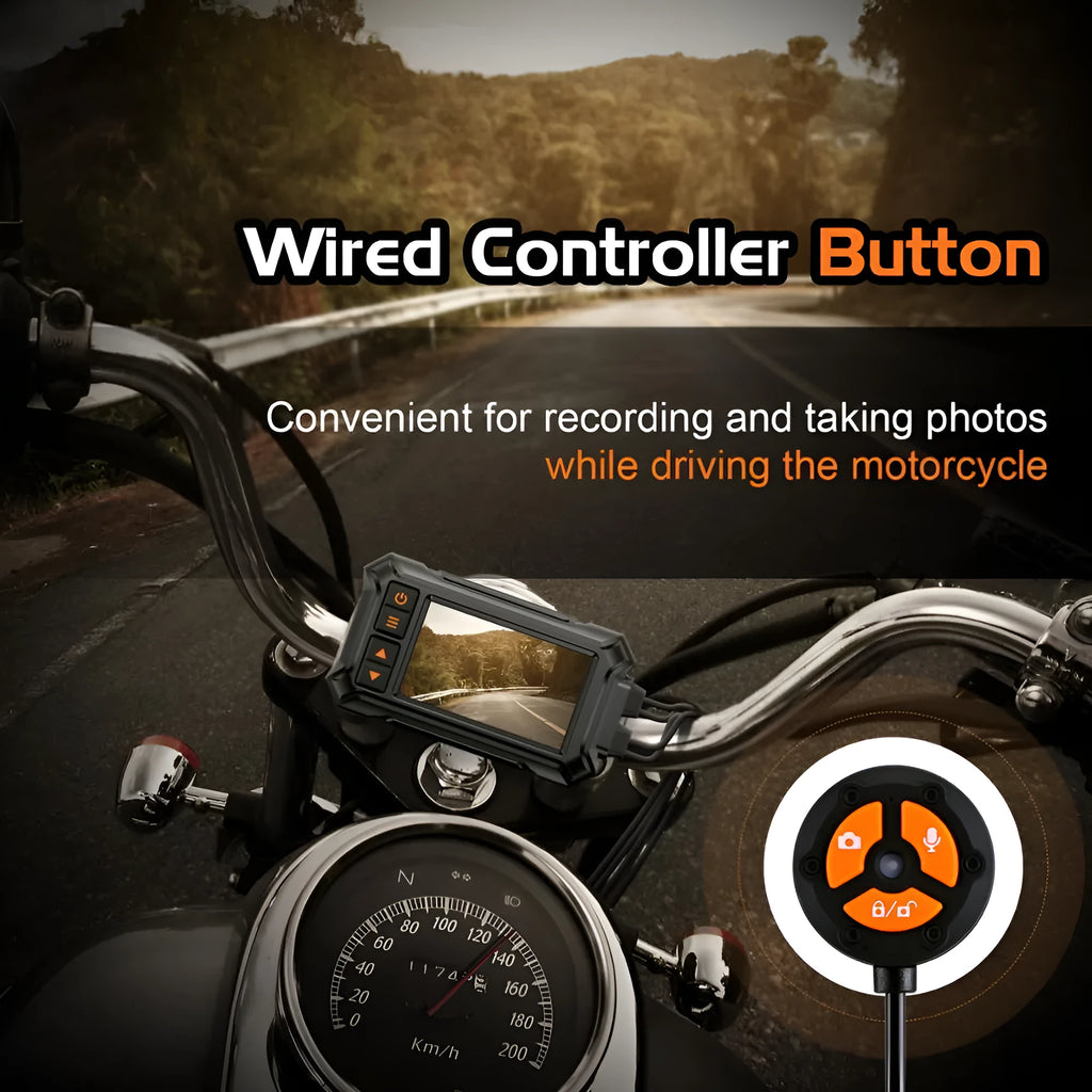 Motorcycle tachograph recorder with 3-inch display, dual lenses, GPS module, and waterproof housing