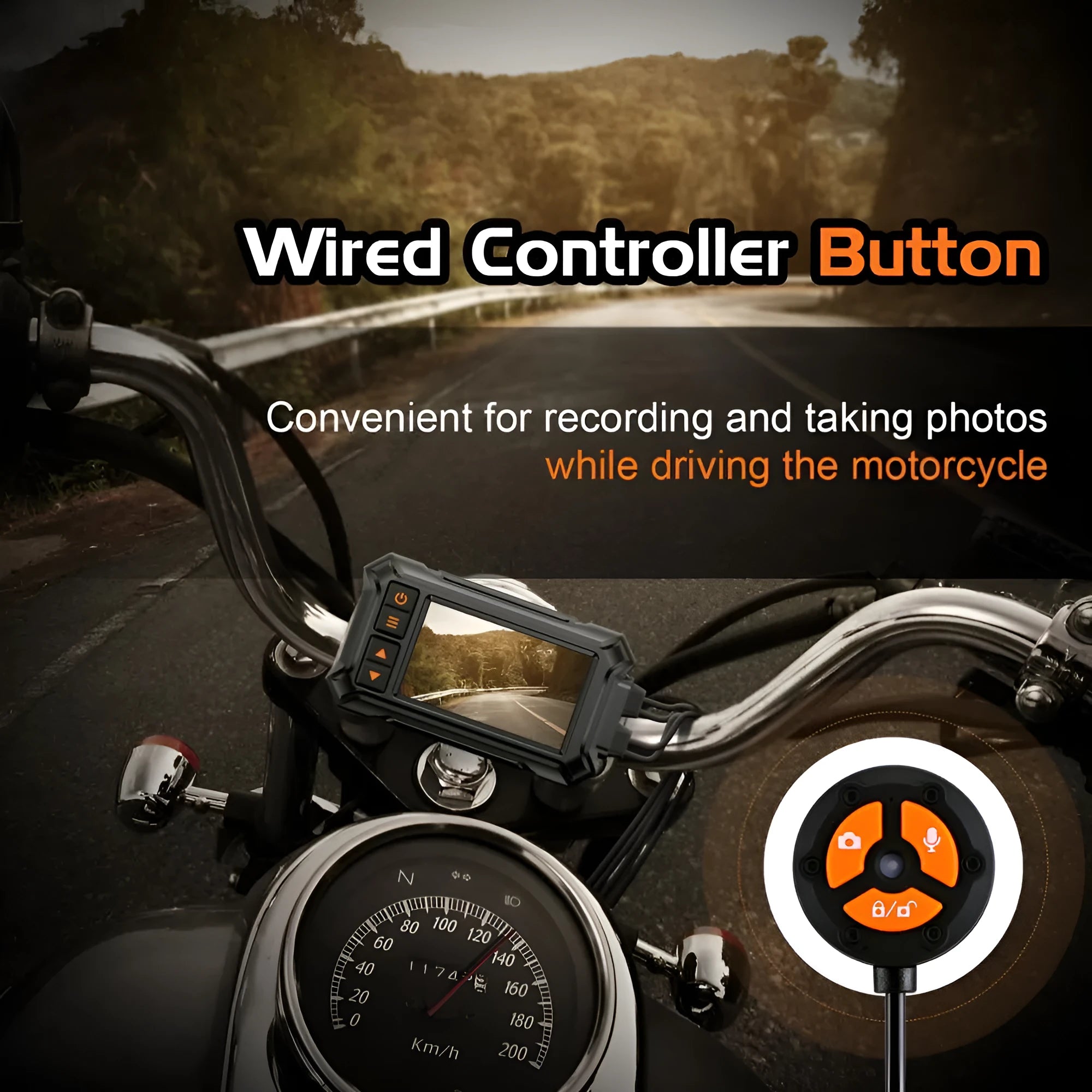 Motorcycle tachograph recorder with 3-inch display, dual lenses, GPS module, and waterproof housing