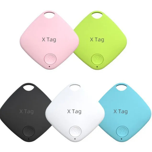 Diamond Global Bluetooth anti-lost tracker in black, blue, green, pink or white, shown with key ring.