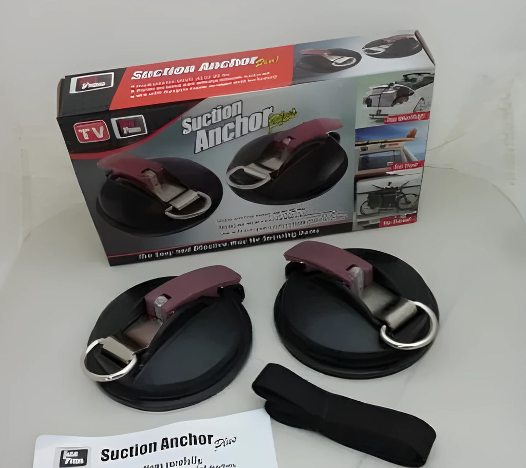 Black plastic and metal suction cup anchor measuring 11.8x5 cm with metal S-hooks on a car window