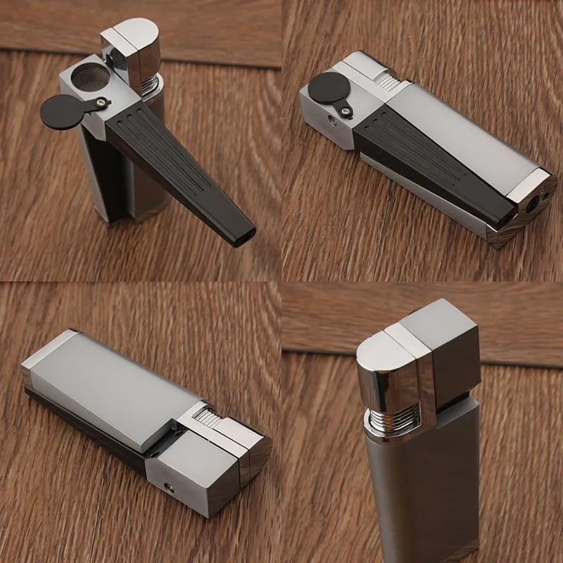 Refillable metal pipe lighter with foldable cover and built-in smoking bowl