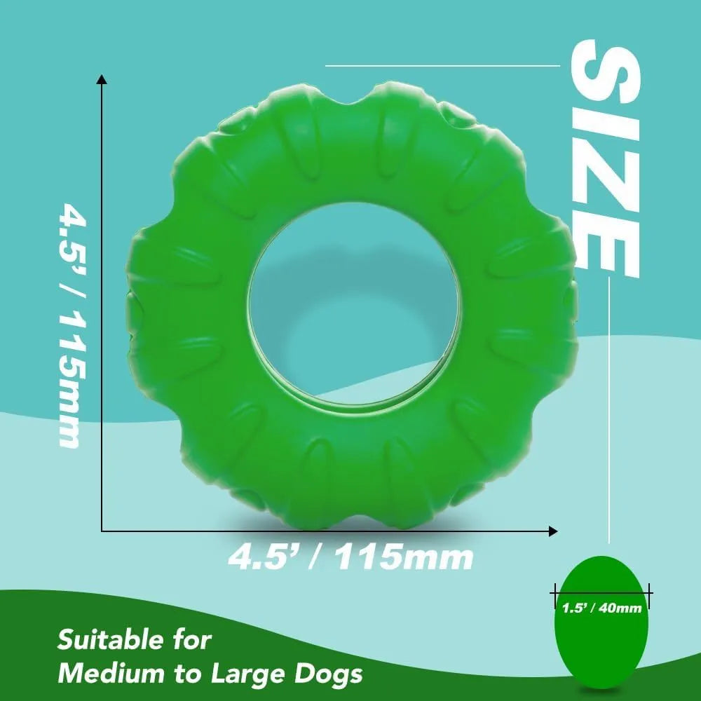 Blue green red beef flavoured tyre-shaped natural rubber dog chew toy and slow feeder