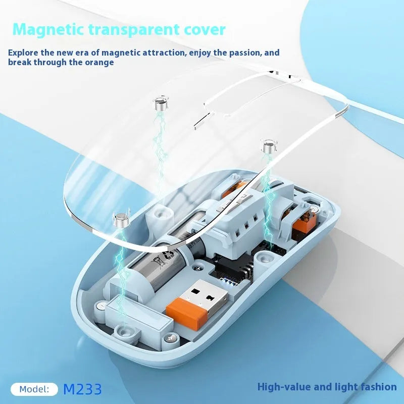Transparent wireless computer mouse with self-charging feature in various colours