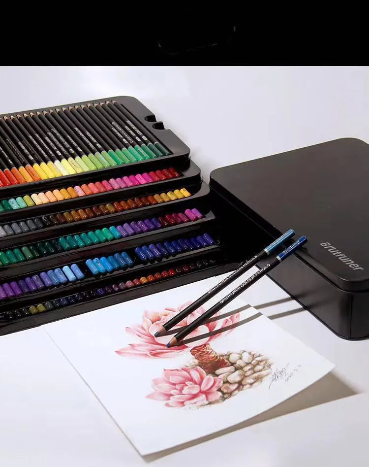 Tin box open to show 180 wooden oily painting pencils in a rainbow of colours arranged in rows.
