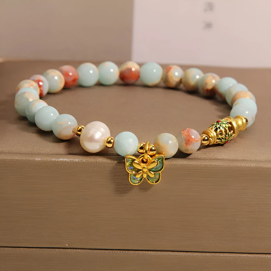 Blue butterfly pendant bracelet with Shoushan stone and freshwater pearl for women