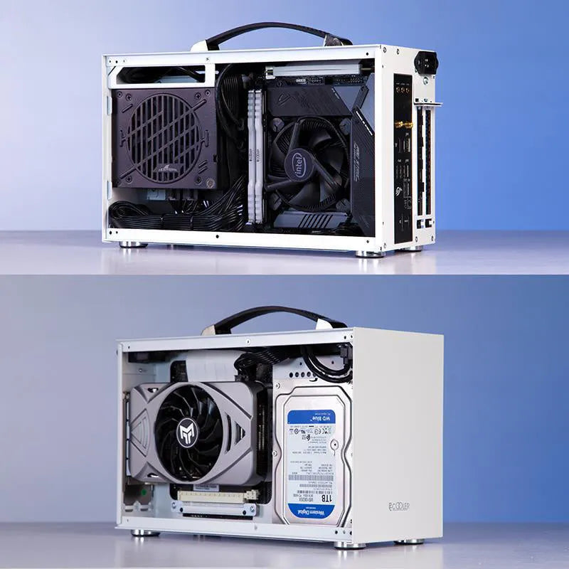 Hummingbird PRO mini-ITX desktop computer case in titanium grey and white colour options.