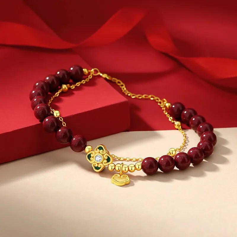 Women's sterling silver bracelet with Ruyi Xiangyun cinnabar flower traditional motifs