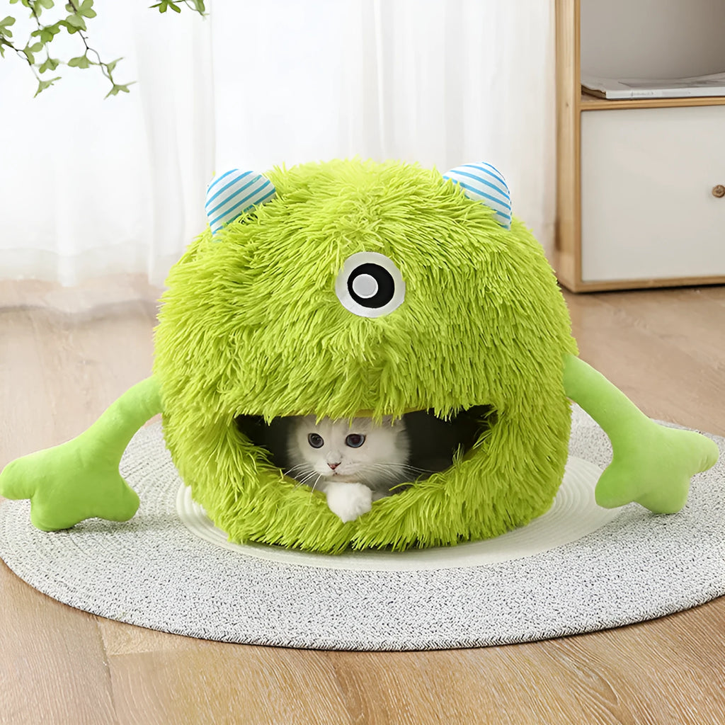 Fluffy round cat bed with non-slip base in three size options