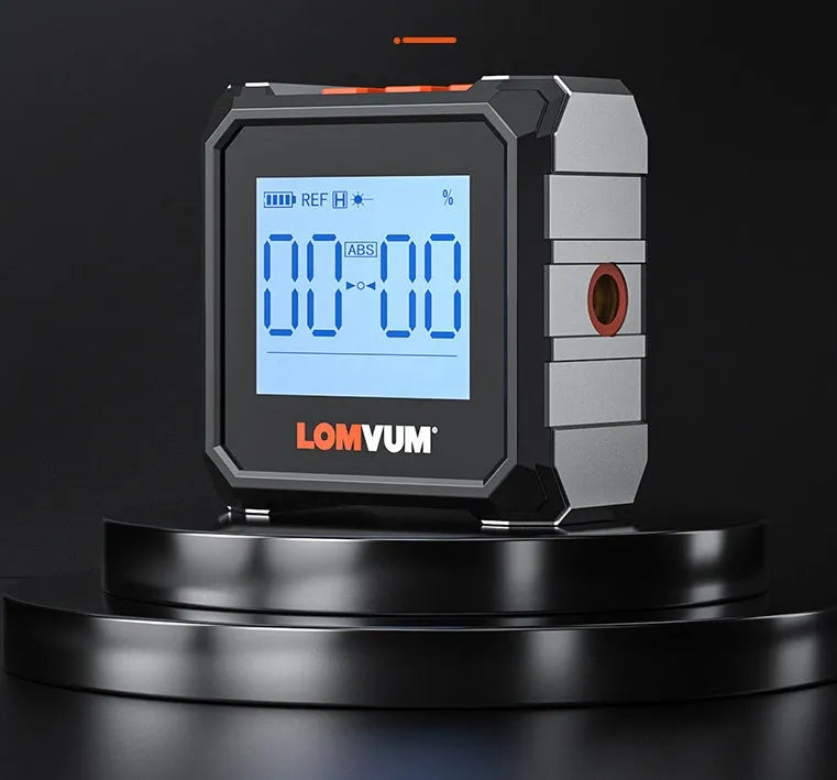 Longyun digital laser tape measure with alloy casing and backlit display on a workbench.