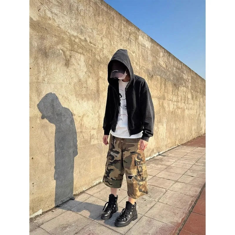 Men's camouflage colour ripped cropped jeans with retro patches in straight leg loose fit casual style