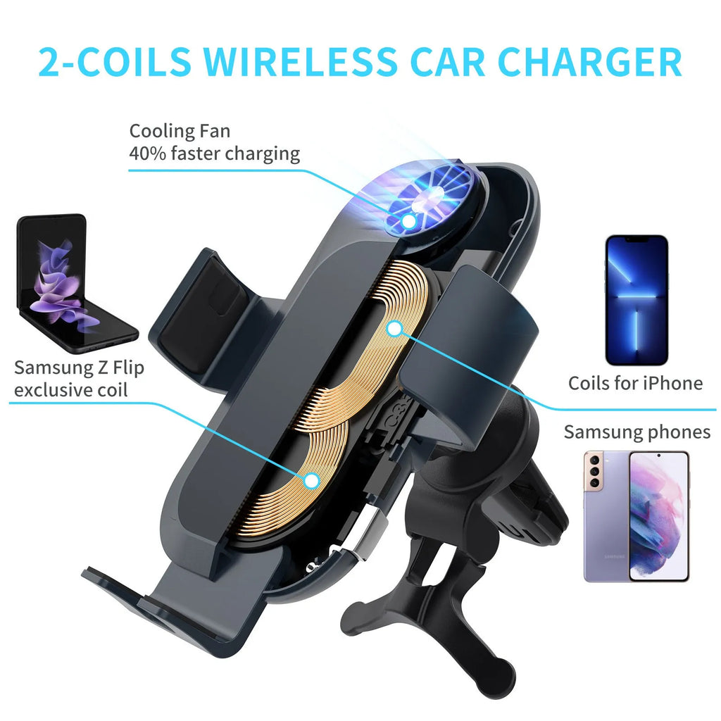 C35 colour car wireless phone charger holder mounted on an air vent, showing automatic clamping arms.