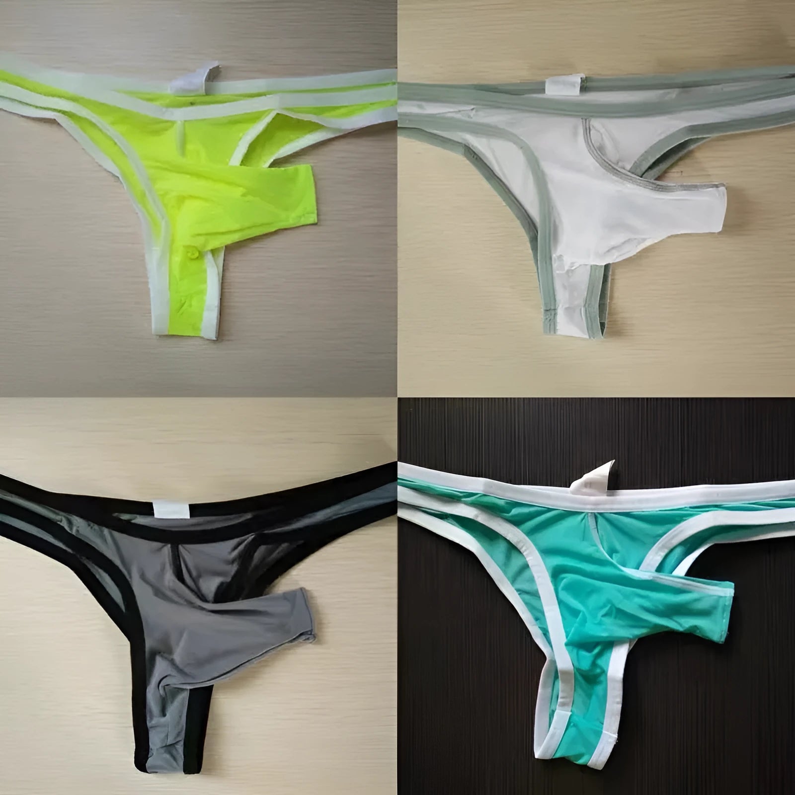 Men's ice silk fabric briefs shown in multiple colours including white, black, and army green.