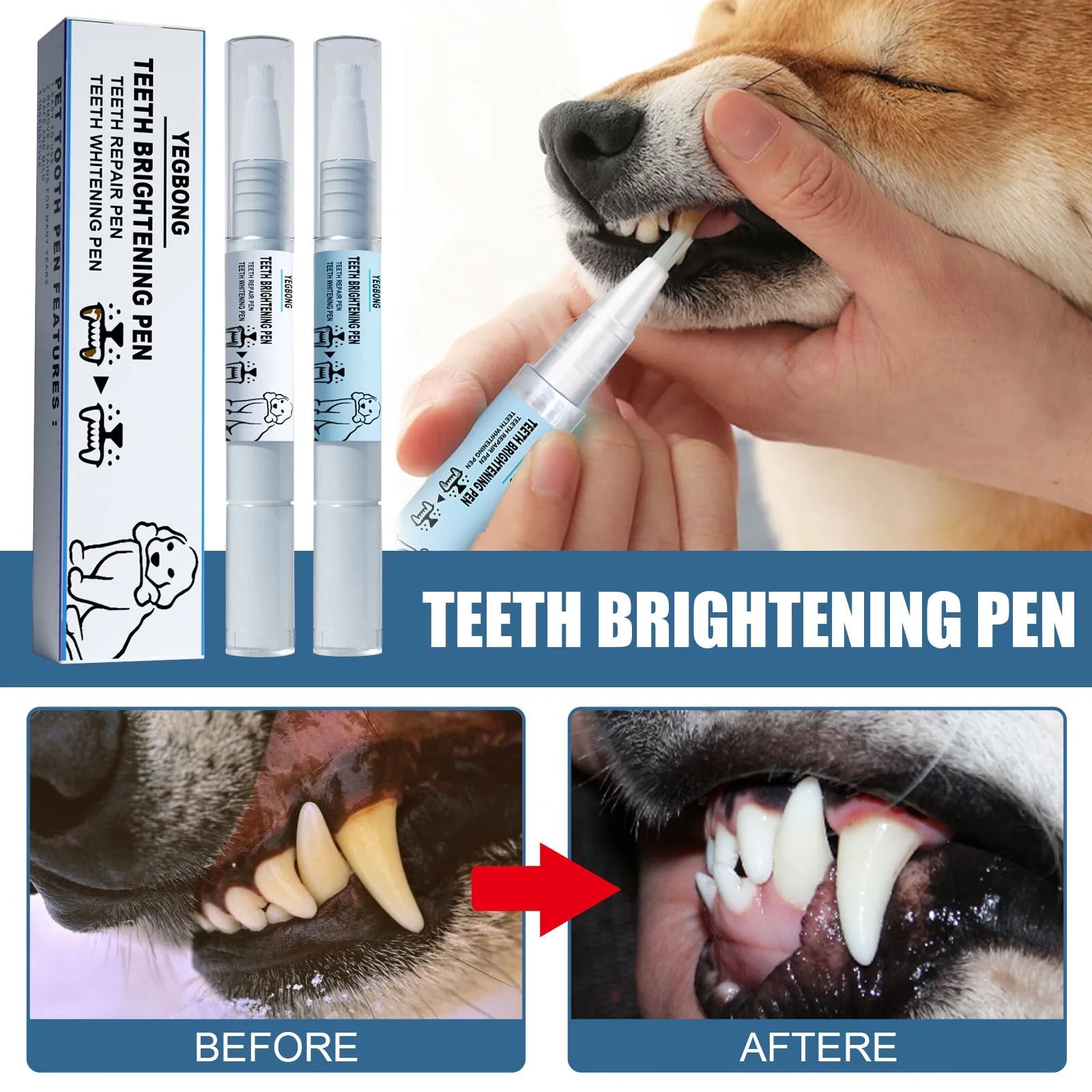 Yegbong pet teeth whitening pen dental care kit with 3ml+3ml applicator and two toothbrushes for dogs and cats
