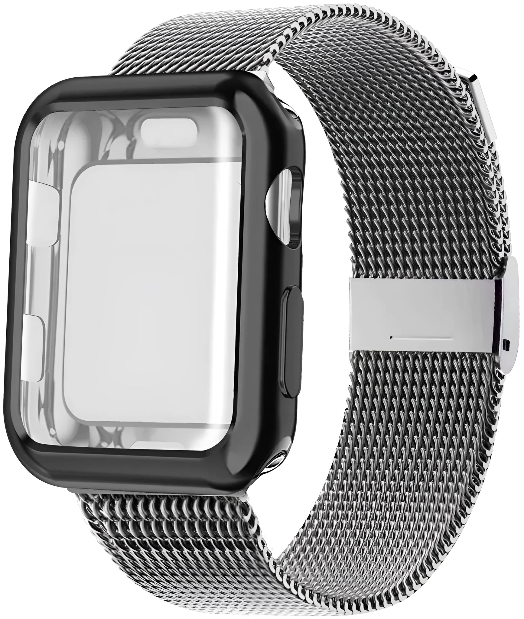 Silver magnetic Milanese loop metal band attached to an Apple Watch on a wrist.