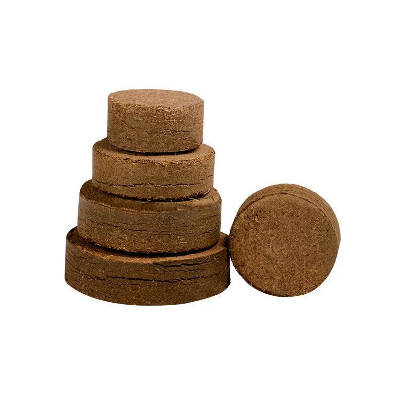 Assorted sizes of nutrient soil planting blocks for vegetable seeds and seedlings on a garden table.