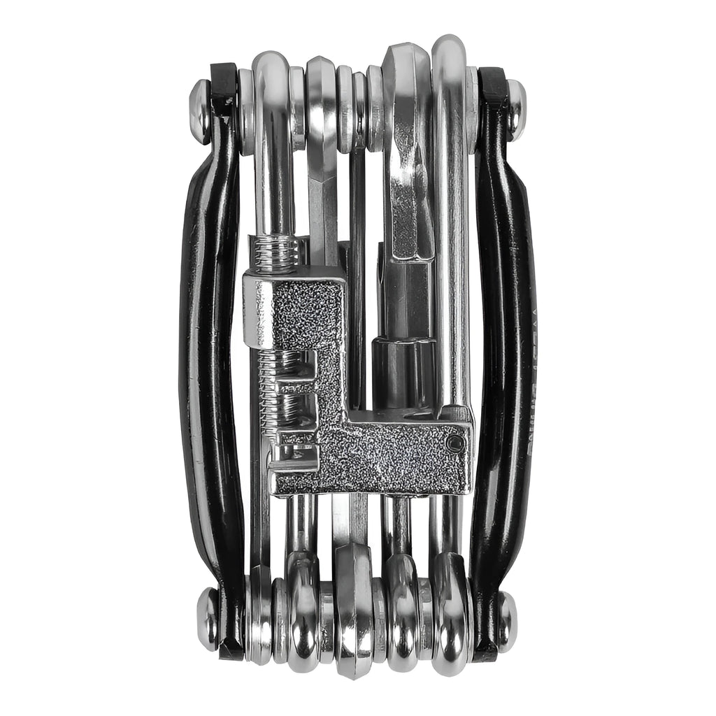 Black aluminium alloy combination bicycle repair tool set with chain breaker in a storage bag