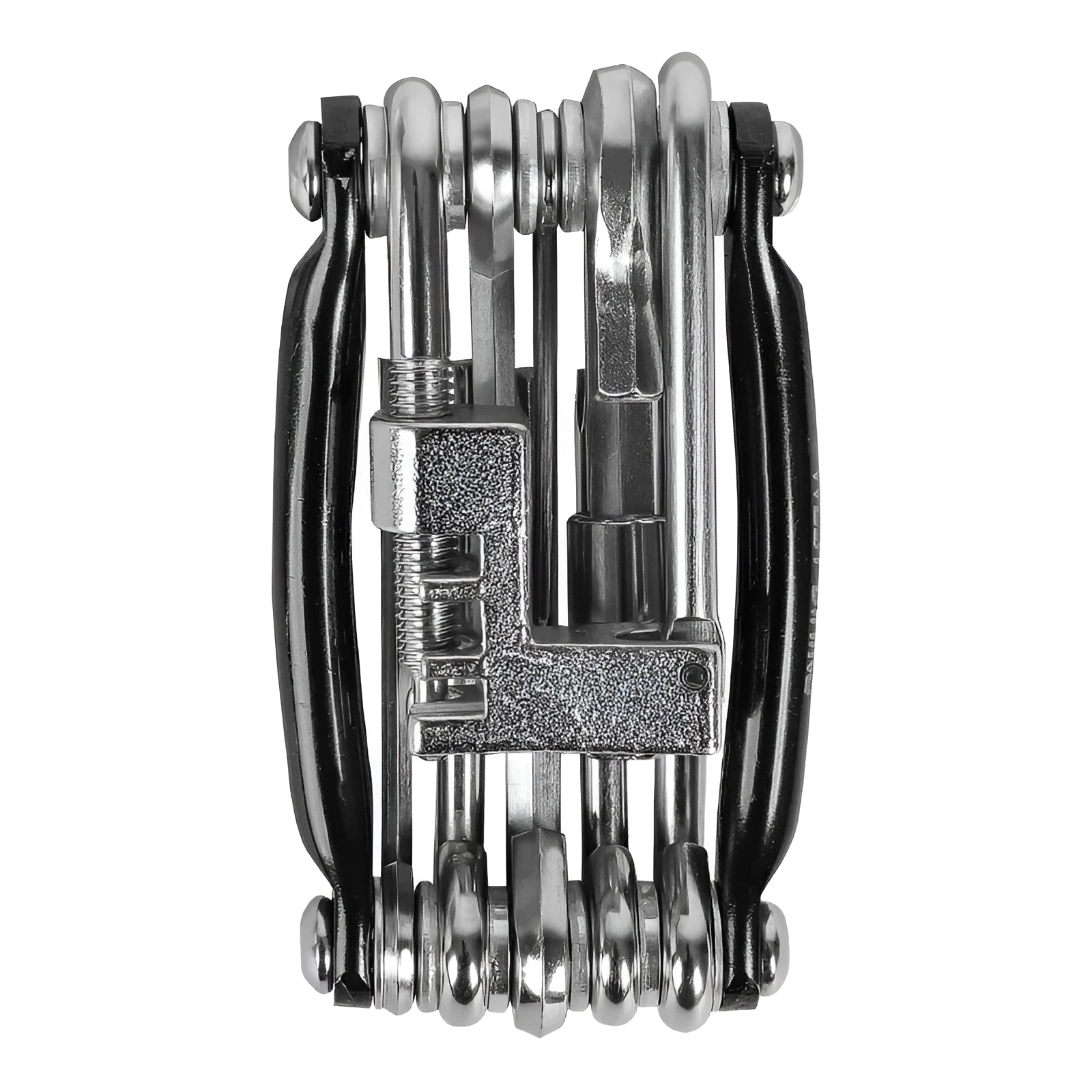 Black aluminium alloy combination bicycle repair tool set with chain breaker in a storage bag