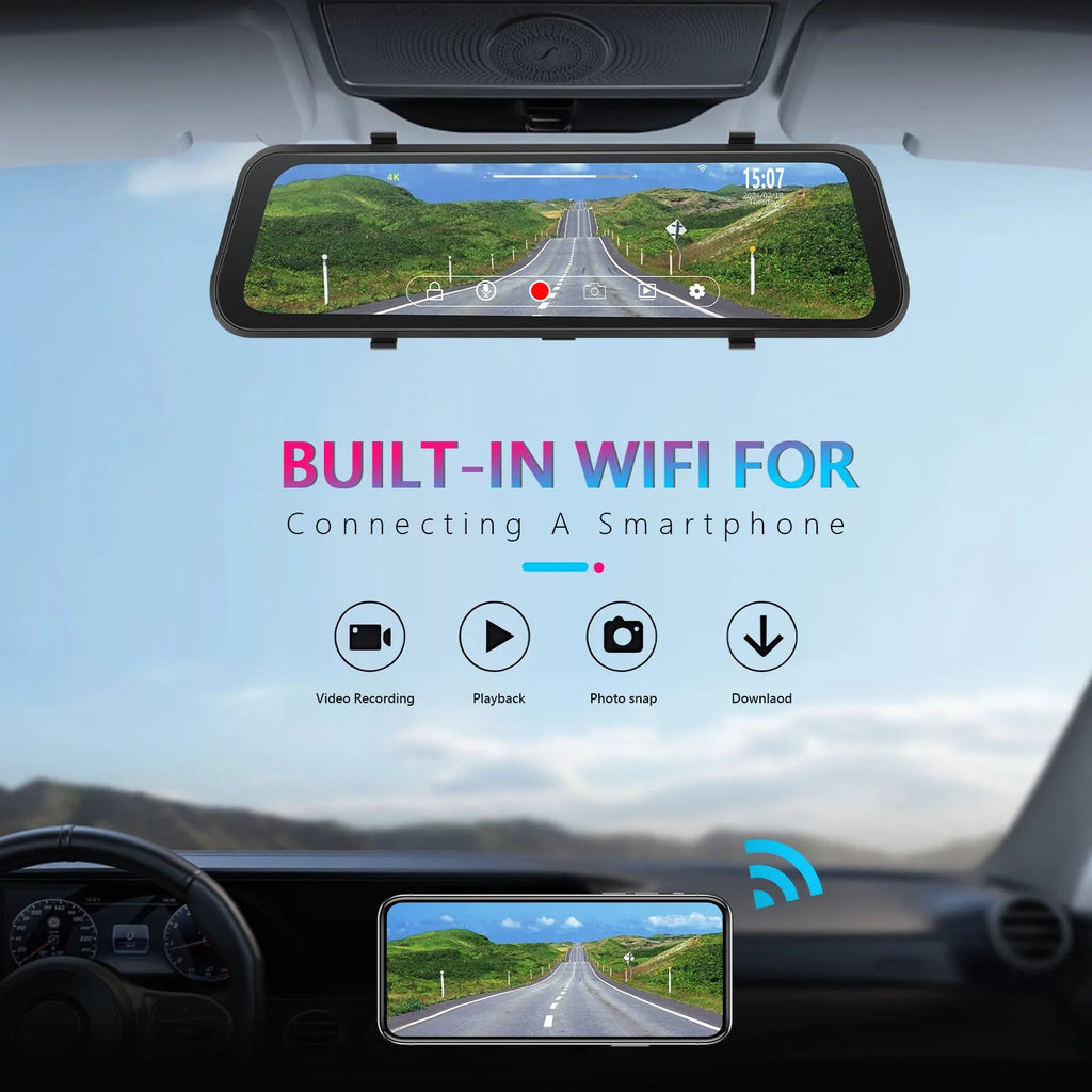 Streaming media rearview mirror with large touch screen mounted in a car, showing dual camera display.