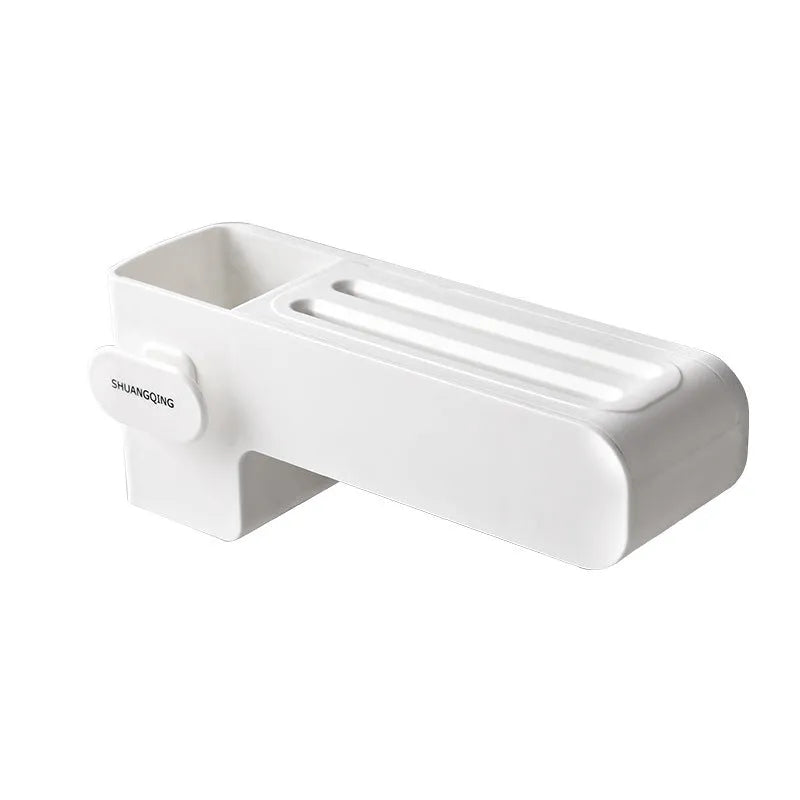 White plastic kitchen knife rack organiser with modern simple design on a countertop.