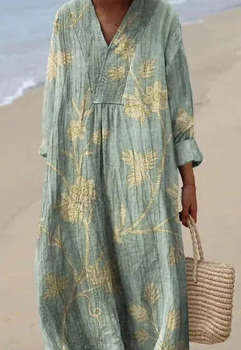 Women's casual floral dress with 3D print, wide waist, and long skirt in Japanese Korean style.