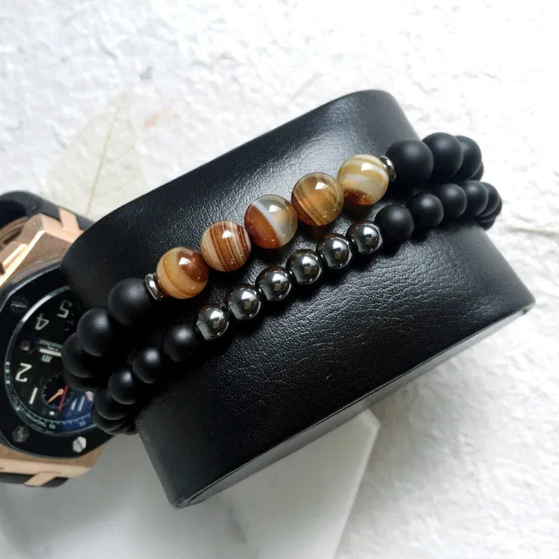 Mcllroy 2pc natural stone black mantra Buddha bracelet set for women and men