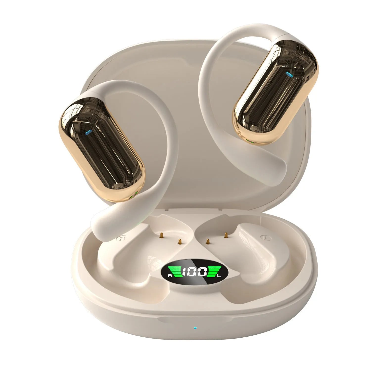 Sports ear hook open Bluetooth headset in black with digital display, Jerry chip, and waterproof build